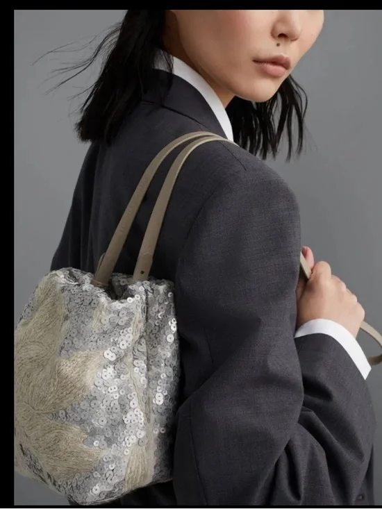 NWT Italy Brunello Cucinelli Sequined Embellished Silver Beige shoulder bag - Picture 1 of 12